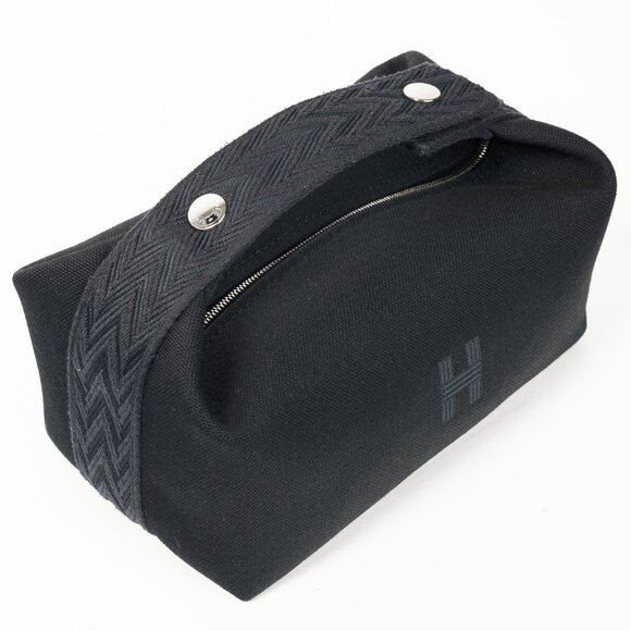 Hermes Bride-a-Brac Small Model Noir Canvas & Bleu Nuit Chevron Strap Case - Picture 6 of 14